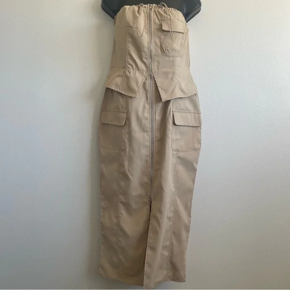 NWT PrettyLittleThing Strapless Cargo Midi Dress W-8 Tan Zip Front Utility - Picture 1 of 10